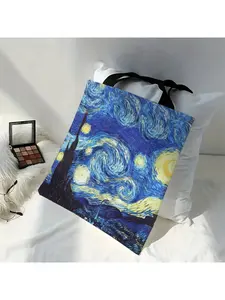 Van Gogh Series Linen Bag Oil Painting Starry Night Sunflower Apricot Flower Coffee Holder Handbag Lightweight Shoulder Bag