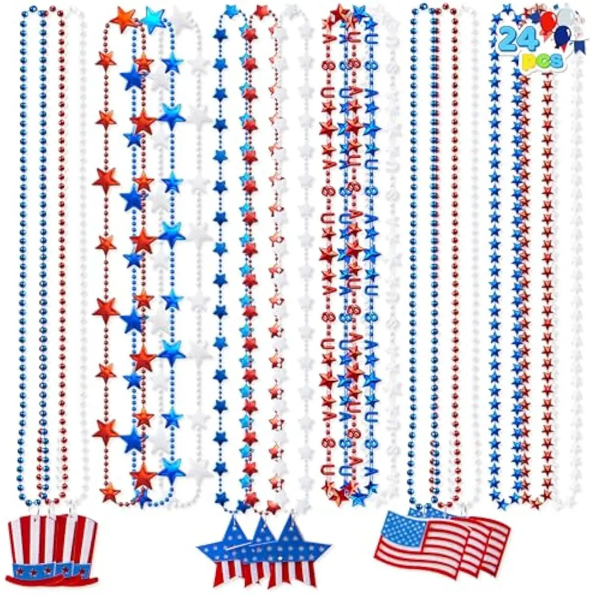 24 Pcs July 4th Assorted Patriotic Necklaces, 8 Styles Plastic Red White Blue Beaded Necklaces with Pendants, Memorial Independence Day Party Parade Dress Up Accessory Supplies