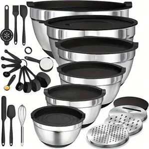 Mixing Bowls with Airtight Lids Set, 6PCS Stainless Steel Nesting Bowls Set, 3 Grater Attachments & Non-Slip Bottoms, Baking & Mixing