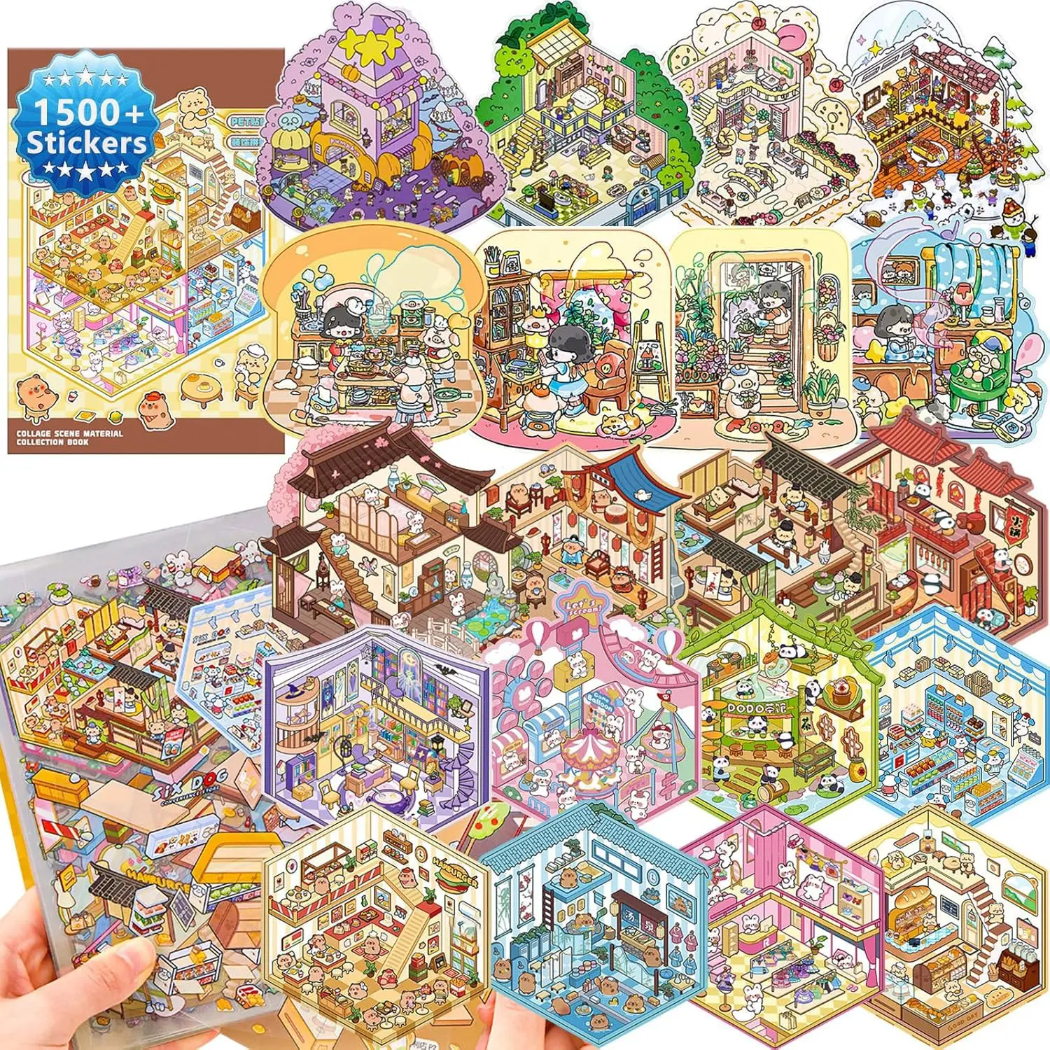 Creative DIY Toy Set, Includes 1500 Pieces, 3D Scene Sticker Book, Decorative Stickers, 20 Cards & 30 Materials, Reusable Kids Craft Kit, DIY Sticker Paper, Sticker Collage Pack, DIY Kits, Scenes Stickers, Sticker Making Set