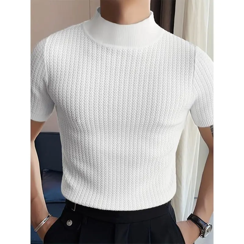 Men's Knitted High Neck Short-Sleeve Sports T-Shirt - Polyester-Spandex Blend, Slim Fit, Micro Elastic Solid Color Top, Dry Clean, Multi-Sizes Including XXXL, All-Season Sport & Outdoor Streetwear (S Available)