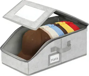 Stackable Hat Organizer for Baseball Caps, Ball Cap Storage Organizer with Clear Window, Hat Storage Box Flip-Top Access for Closet Bedroom Shelf (Gray)