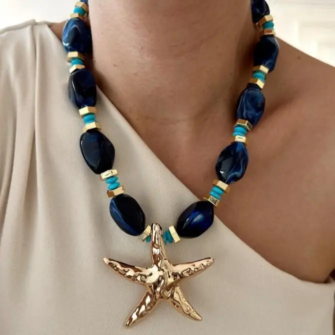 Women's Bohemian Gold Star Pendant Necklace - Ethnic Geometric Beaded Collar Chain, Chain & Link Style, Summer Beach Accessory, Non-Natural Crystal Jewelry