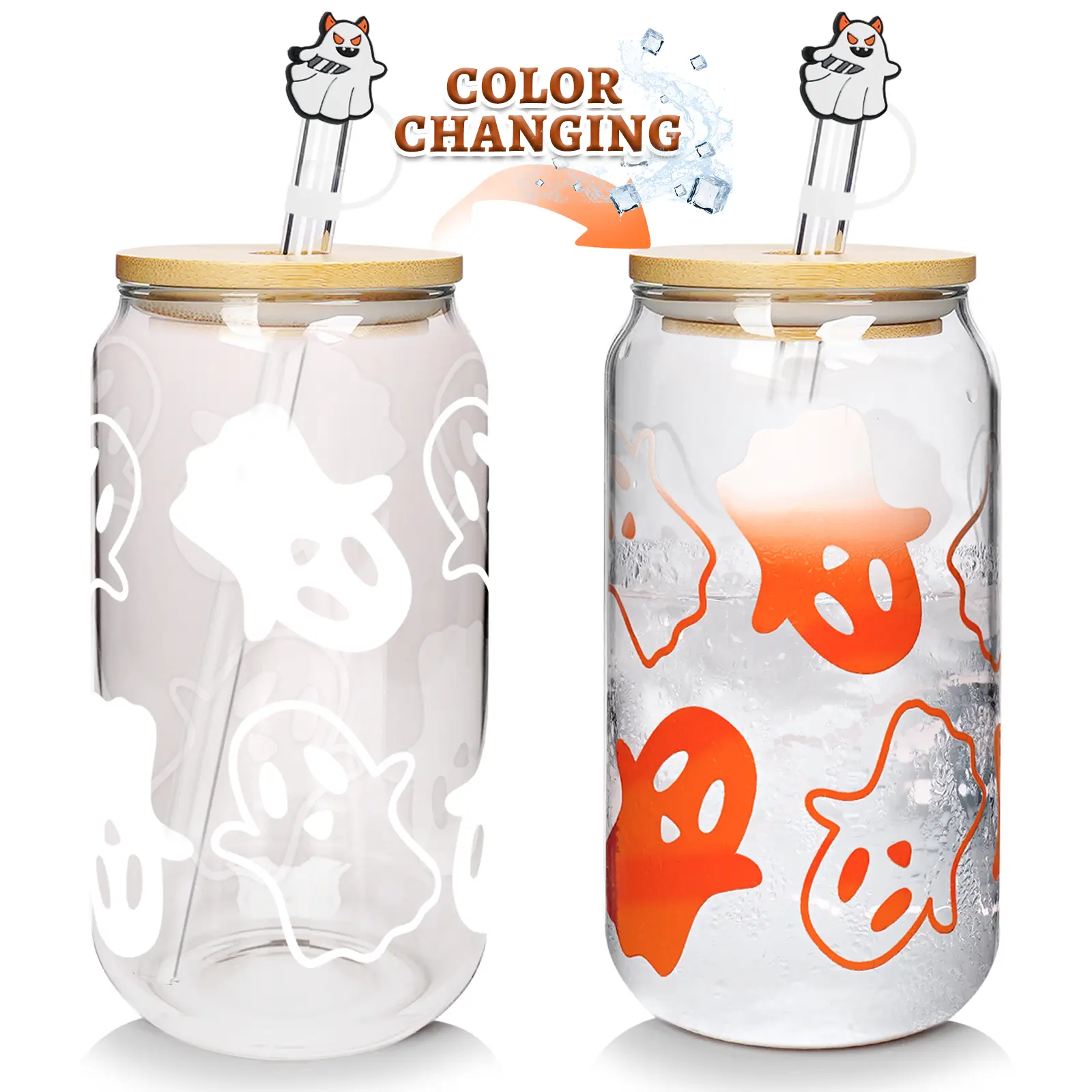 Summerween 18oz High Borosilicate Glass Cups Color Changing Ghost Cups, Ghost Tumbler,Party Supplies Gifts,Glass Bottles with Lids Drinkware Bamboo Silicone