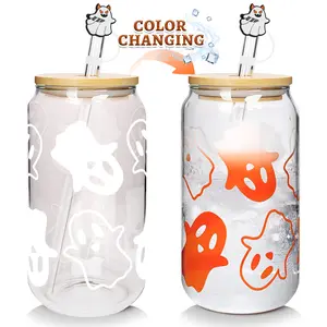 18oz High Borosilicate Glass Cups Color Changing Ghost Cups, Ghost Tumbler,Party Supplies Gifts,Glass Bottles with Lids Drinkware Bamboo Silicone