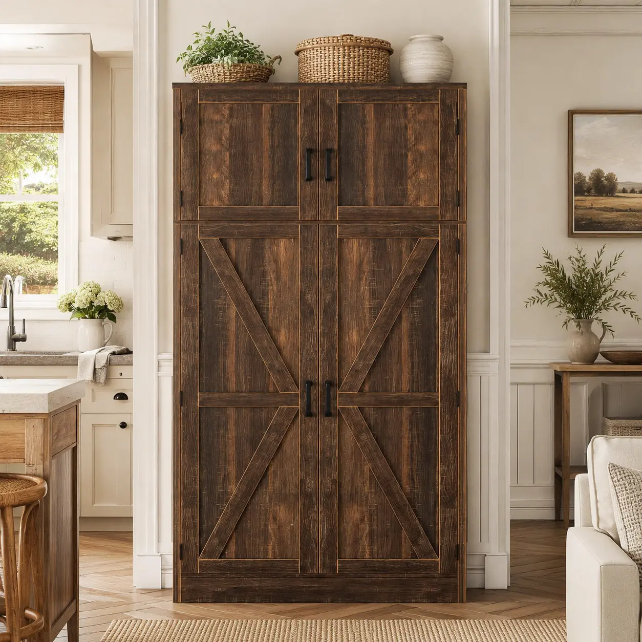 Homieasy 71'' Tall Farmhouse Storage Cabinet, Freestanding Kitchen Pantry Cabinets with Barn Doors & Adjustable Shelves, Kitchen Storage Cabinets for Living Room, Dining Room, Bathroom furniture