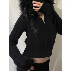 Women’s Autumn–Winter Faux Fur Hooded Knit Cardigan, Street-Style Long-Sleeve Zip-Up Sweater Coat, Casual for Ladies