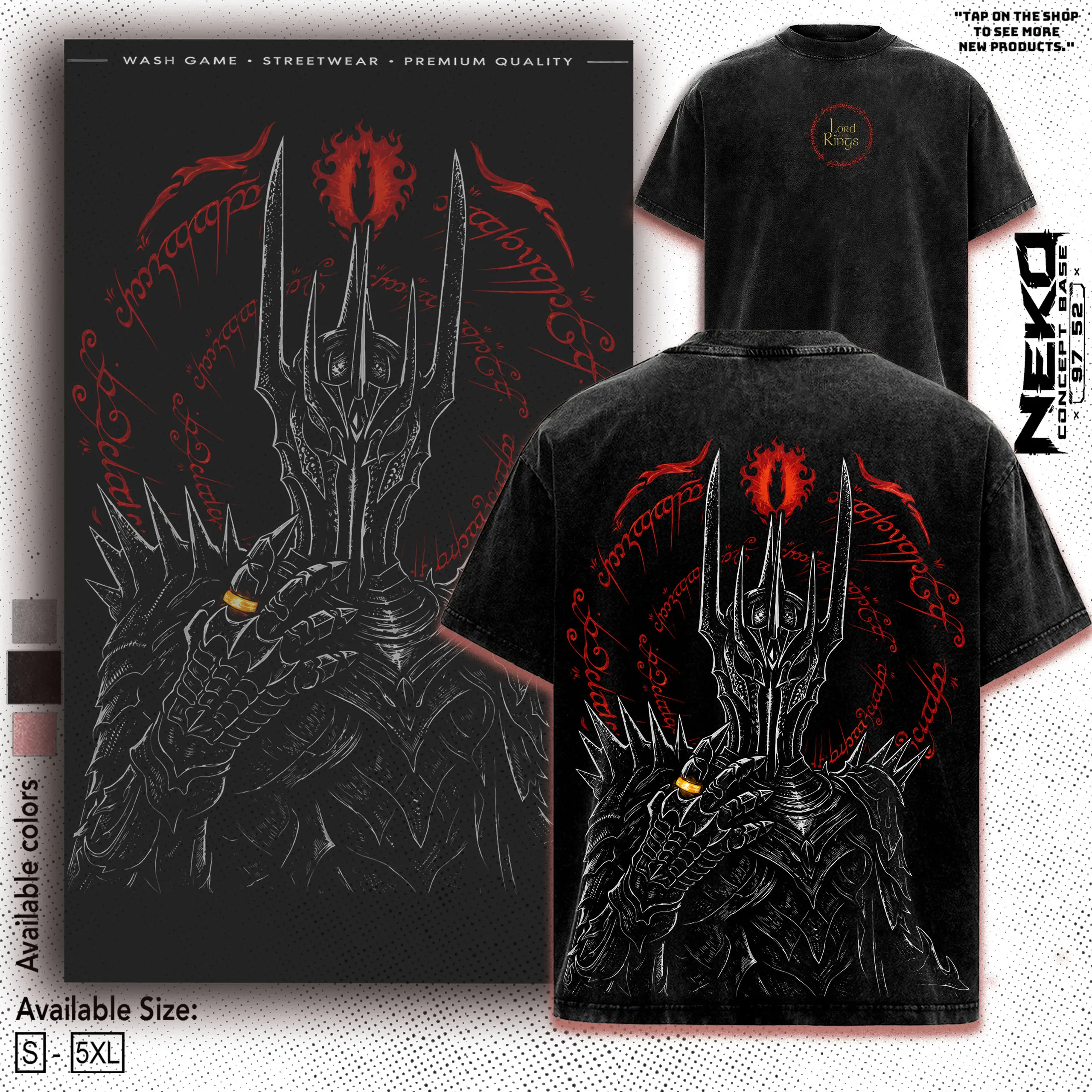 Men's Lord of the Rings Sauron 1 Ring Heavyweight Cotton Loose-Fit Washed Tee - Vintage Sauron Eye Graphic, LOTR Streetwear Merch, Trendy Y2K Gift for Chinese New Year, Valentine's Day, Children's Day, Christmas, All Seasons Outfits