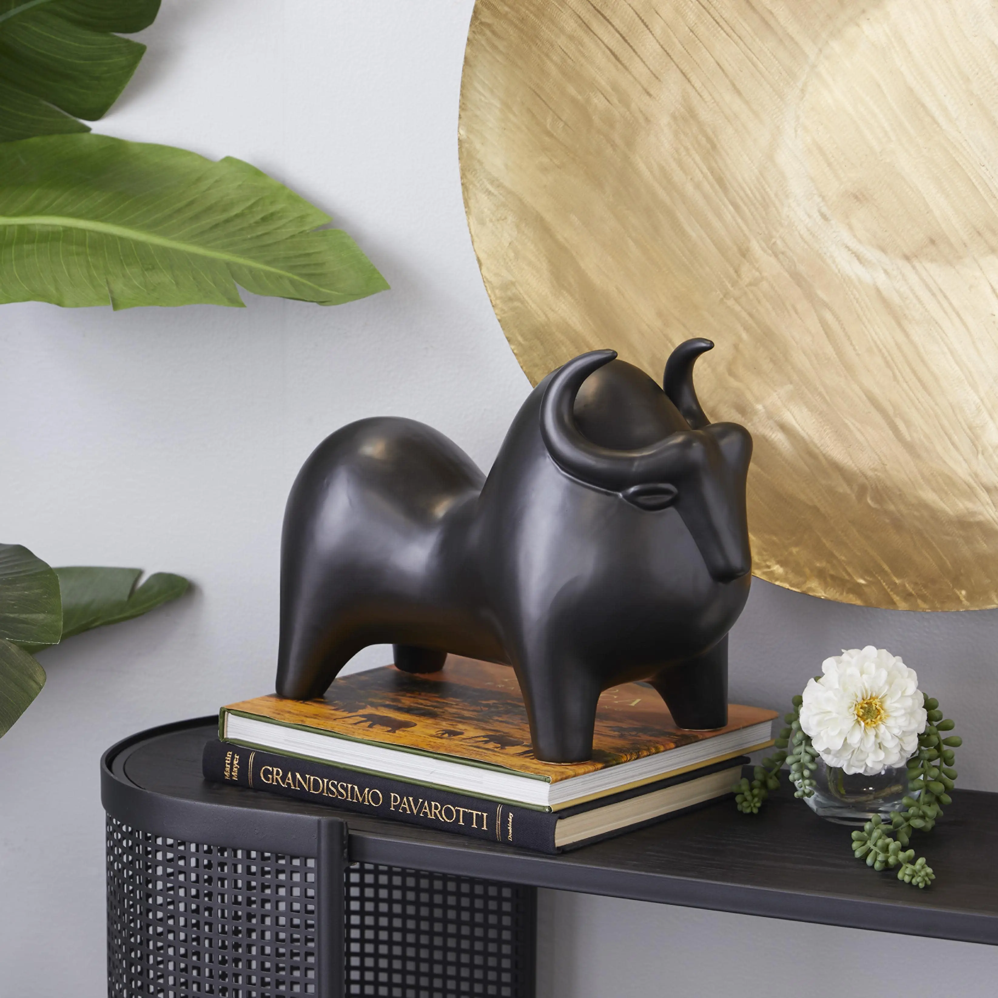Black Porcelain Ceramic Bull Handmade Decorative Sculpture, 13" x 6" x 9"