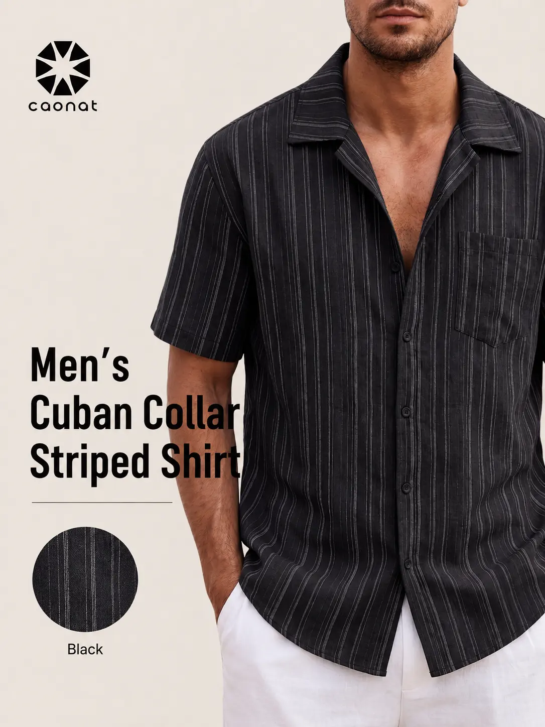 Men's Striped Button-Up Shirt with Camp Collar and Pocket, in a Loose-Fit Breathable Fabric for Summer Streetwear, Streetwear Ready, Easy Streetwear For Hangouts