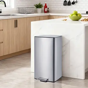 40L/10.6 Gal Stainless Steel Kitchen Trash Can – Rectangular Step-On Bin with Odor Filter, Removable Liner, Soft Close Lid – Ideal for Home, Office, Commercial – Stainless Steel