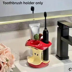 Apple Core Ceramic Toothbrush Holder, 3 Slot Bathroom Organizer, Cute Fruit Core Design, Glazed Vanity Stand, Fits Slim Electric Brushes, Bathroom Accessory, Toothbrush Storage