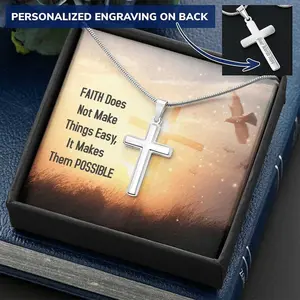 Personalized Cross Necklace With Engraving - Faith Does Not Make Things Easy | Baptism Gift, Easter Gift, Necklace Gift For Son, Daughter
