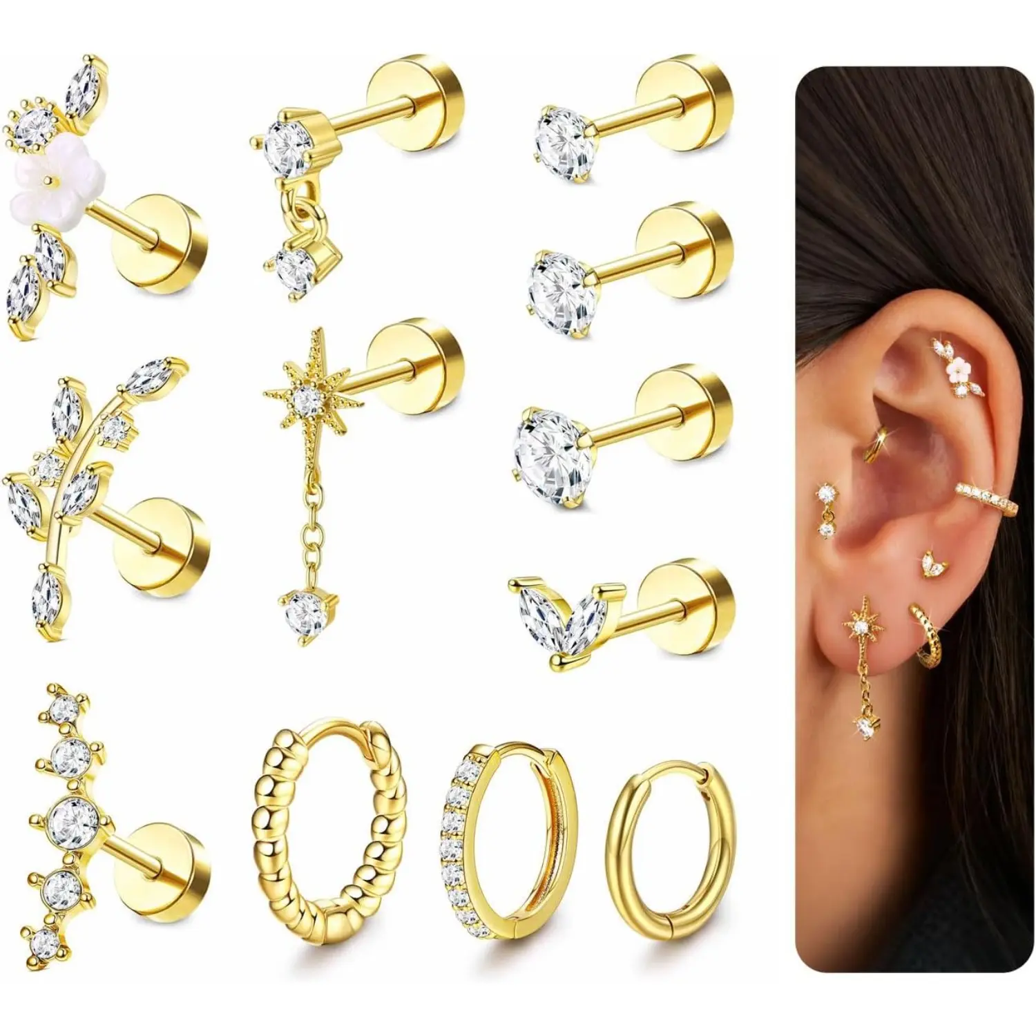 Milacolato 12Pcs Surgical Steel Helix Piercing Set - Cubic Zirconia Flat Back Earring, Flower Hoops, DIY Jewelry Accessories for Tragus, Conch (Silver, Gold), Stud Earring Jewelry, Ear Studs, Flat Back Earrings