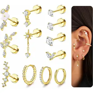 MILACOLATO 12Pcs Helix Piercing Jewellery Surgical Steel Tragus Earrings Set Flat Back Earrings Stud Flower Ear Piercing Helix Hoop Cartilage Earrings Silver Gold Conch Daith Tragus Piercing Jewellery