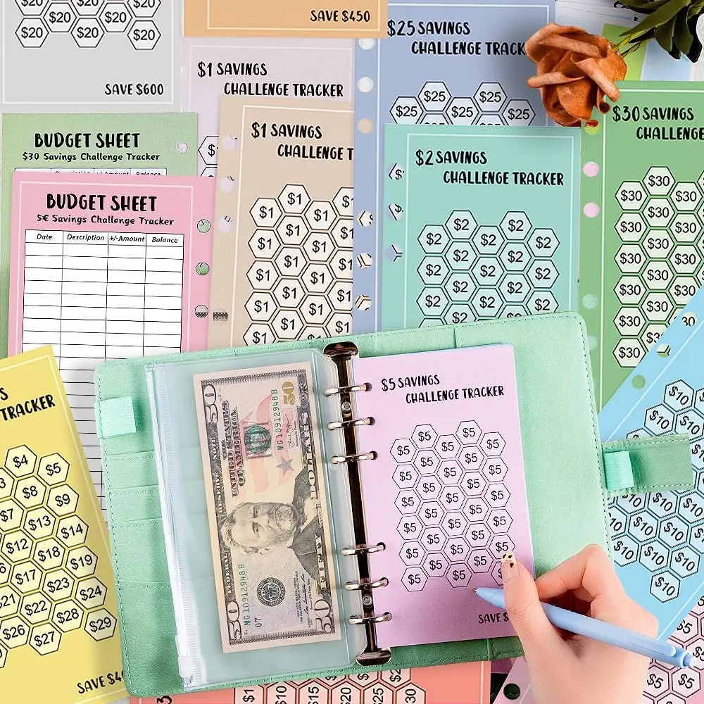 Savings Challenge Binder Trackers Kit - A6 Planner Inserts, 48 Sheets, 100 Envelopes, 6-Ring A6 Binders, 12 Colorful Modes (4pcs Each), Easy-Write, Flexible Cash Savers for Budget Tracking, Easy To Write On, 12 Different Card Modes