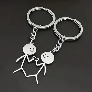 2pcs Stickman Keychains (Couple Style) - Heart-Making & Middle Finger Poses, Cute, Funny & Unique Titanium Steel Pendants, Keychain Kawaii