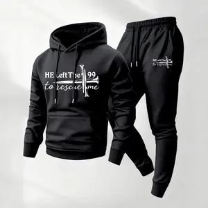 Men's Jesus Print 2-Piece Sweatsuit Sets - Long Sleeve Hooded Jacket & Drawstring Sweatpants, Casual Athletic Menswear for Fall Winter, Daily Indoor Outdoor Wear