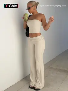 Two-Piece Set Women's Solid Basic Crop Strapless Fitted Tube Top & Foldover Waist Flare Leg Pants, Casual Fashion Cozy Outfits for Daily Outdoor Wear, Ladies Clothes for Summer
