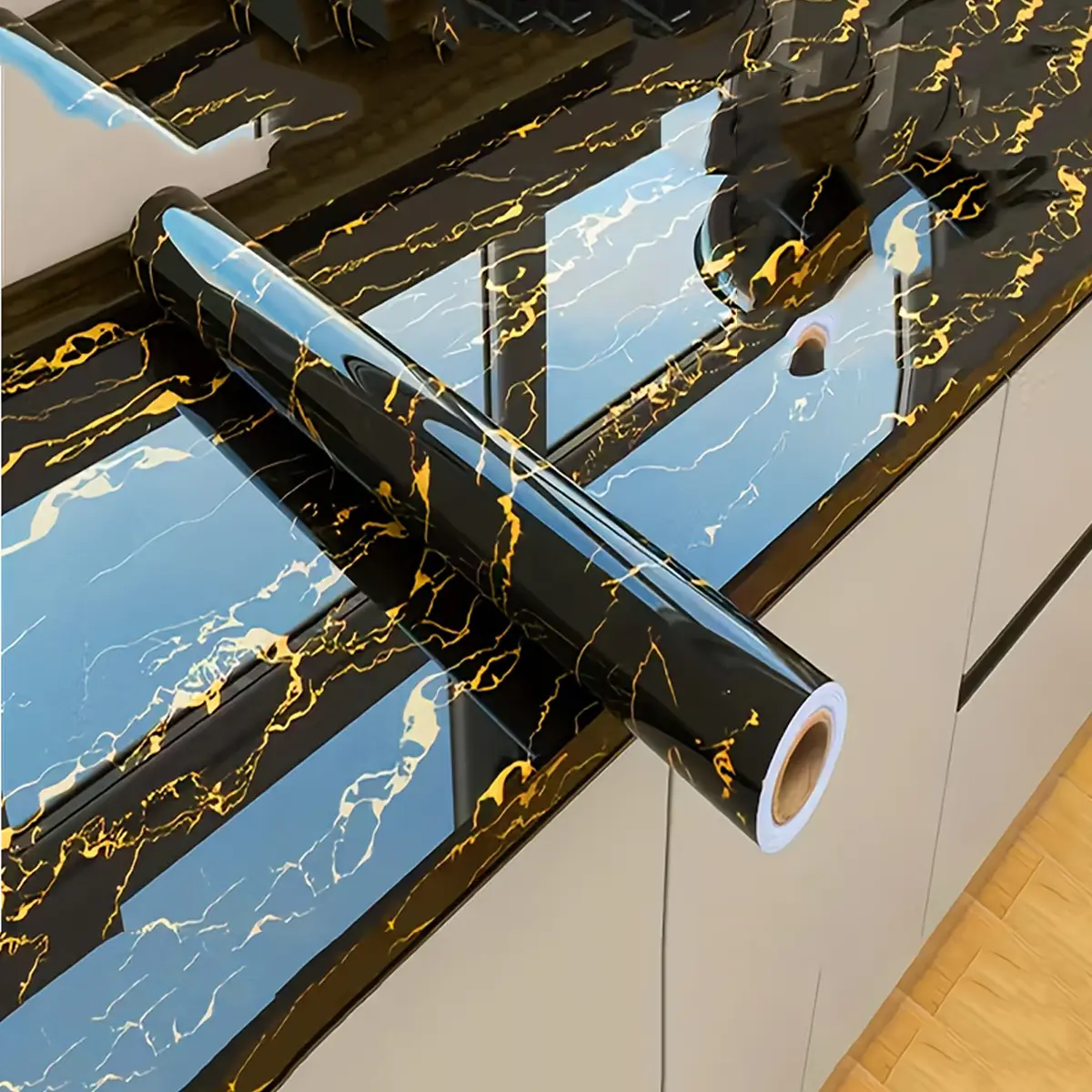 Glossy Black Gold Marble Contact Paper, 60cm x 500cm Peel-and-Stick Waterproof Anti-Oil Vinyl, Easy to Apply/Clean/Remove for Countertops, Kitchen Cabinets with Corners & Decorative Strips, Bathroom Table Furniture Decor, Minimalist, Pvc Elasticity