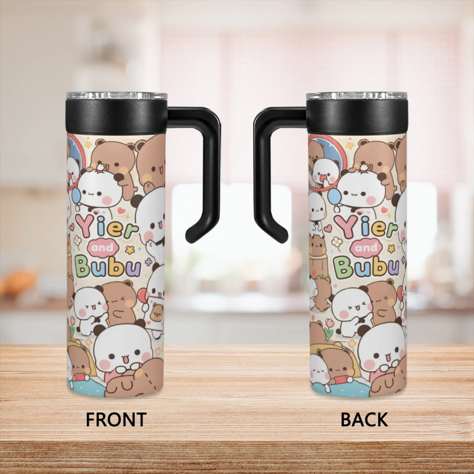 Yier and Bubu 20oz Insulated Vacuum Stainless Steel Flask - Handle, Straw, Leak-Resistant Lid, Viral TikTok FYP Aesthetic Cute Cartoon Travel Coffee Mug, Portable Daily Gift, Flasks
