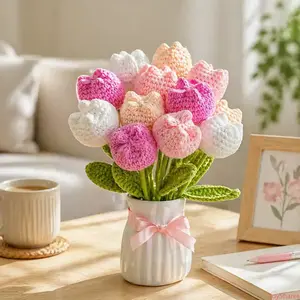 12pcs Tulip Bouquet, Handmade Artificial Floral Decoration Without Vase, Perfect for Mother's Day Gifts, Home Indoor Decoration, Wedding Anniversary Desktop Ornaments, Summer and Autumn Home Decor Accessories