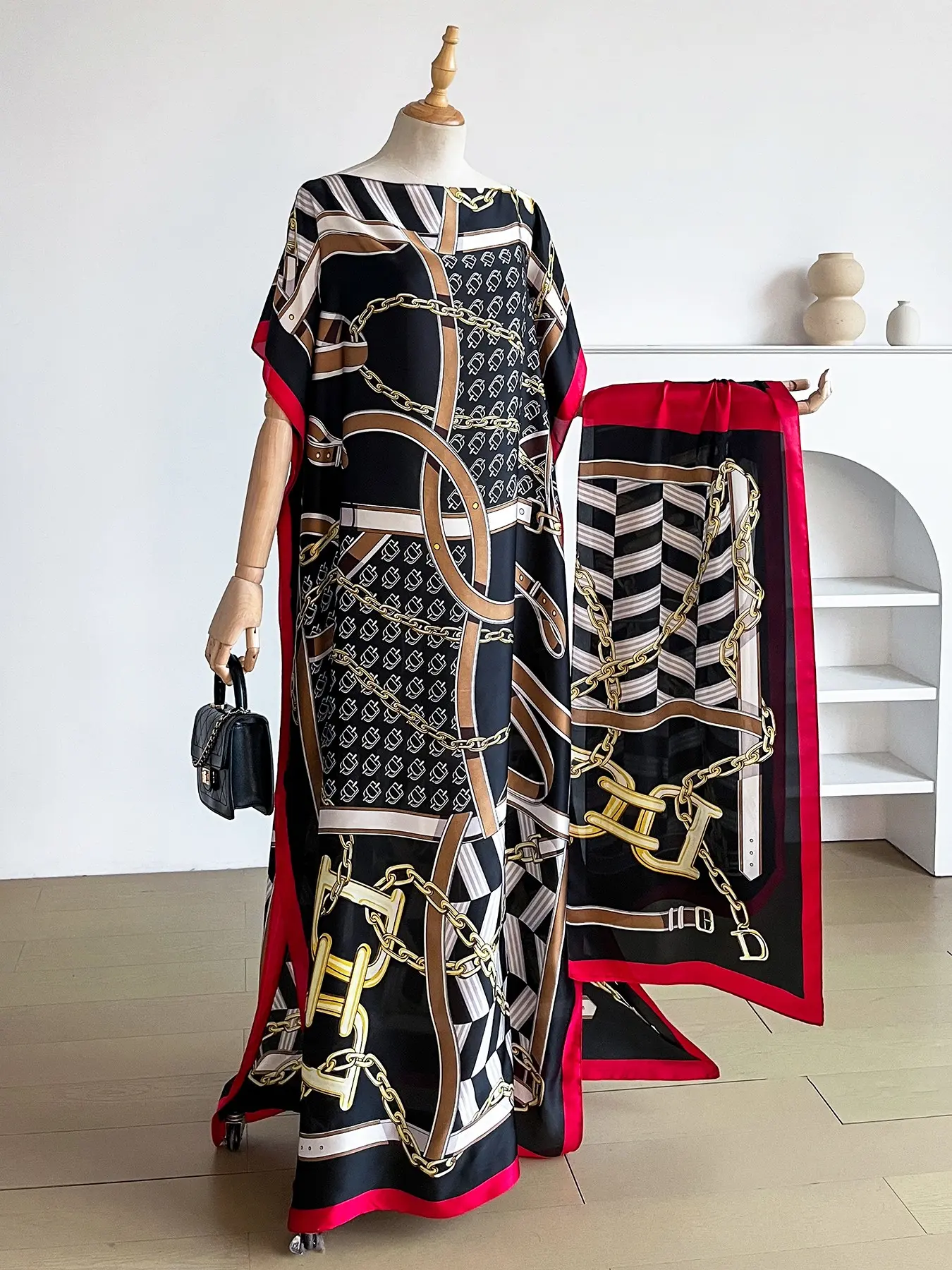Women's Elegant Chic Geometric Pattern Robe Set, Long Dress + Headscarf Scarf Hairband, Beach Sun Protection Outdoor Summer Satin Silk Shawl