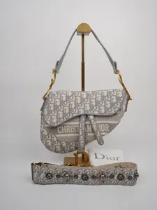 Pre-owned Dior canvas Crossbody Bags Christian Oblique Saddle Bag Grey