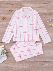 Girls' Sweet Bow Print Collared Pajama Set, Fire Retardant Button Front Long Sleeve Top & Pants, Casual Home Wear, Cartoon Pattern, Ribbon Pajamas, 2 Piece Set