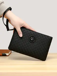 Men's Solid Color Zipper Closure Handbag, New Fashion Braided Clutch Bag, Tiger Head Design Wallet, Large Capacity Business Casual Envelope, Durable Pouch