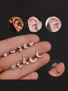 Star & Moon Design Zirconia Earrings, Zircon Stud Earrings, Cartilage Earring Stud, Fashionable Piercing Jewelry for Women & Girls, Trendy All-match & Exquisite Jewelry for Birthday Gift