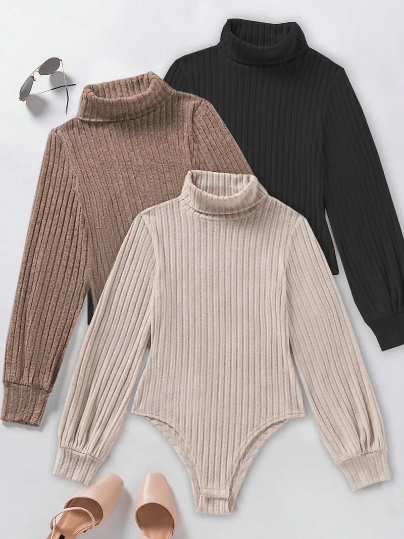 Women's Fall Winter 3-Piece Set, Fashionable Slim Fit Ribbed High Neck Fleece Lined Long Sleeve Bodysuit, Comfortable Underwear