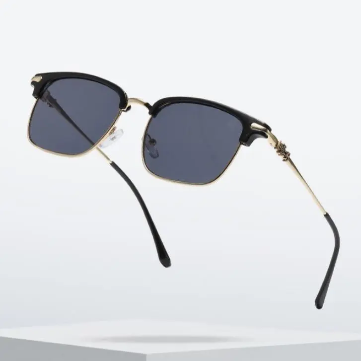 UV Polarized Metal Sunglasses for Men - Rounded Semi-Rimless Half-Frame Shades, Stylish Fashion Accessories with Gold Trim & Black Lenses for Outdoor Cycling, Uv Polarized Sunglasses, Rounded Polarized Glasses
