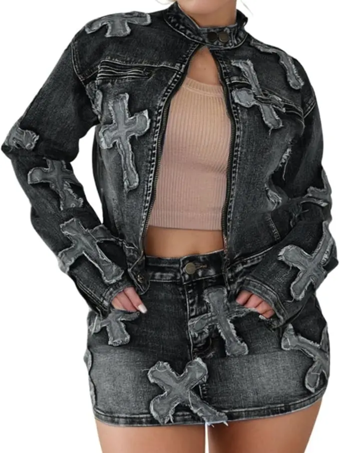 Women's 2 Piece Denim Skirt Set - Long Sleeve Zip-Up Cropped Jacket & Bodycon Mini Jean Skirt Outfit Fitted denim y2kclothingsets