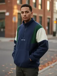 Men's Colorblock Patchwork Letter Embroidery Zip Up Sweatshirt, Casual Loose Long Sleeve Drawstring Stand Collar Pullover for Fall & Winter, Men's Clothes for Daily Wear