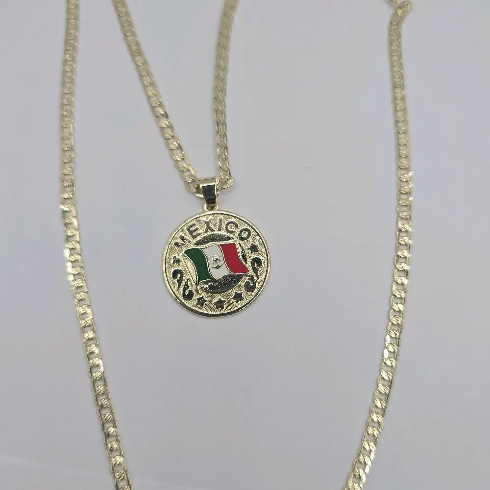 Mexico Flag Gold Plated Medal Pendant & Cuban Chain Necklace - Unisex Jewelry for Men & Women, Durable Gold Plating, Stylish Design