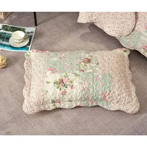 Traditional Rose and Sage Patchwork Pillowshams Set, Quilted Standard Pillowcases, 20x26 with 2" Flange, Scalloped Edge Pillow Covers, Pack of 2, Pink