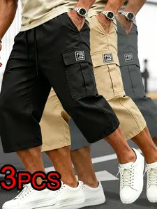 3pcs Men's Capri Cargo Shorts, Relaxed Fit Casual Athletic Streetwear, Multi-Pocket 3/4 Length Pants, Ideal for Daily Wear