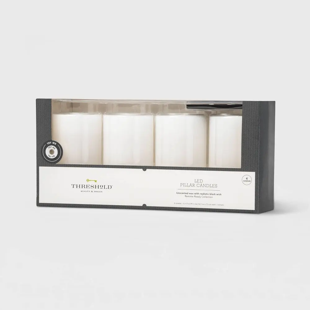 4pc Threshold 5" x 3" LED Flameless White Pillar Candles & Remote w/ Black Wicks