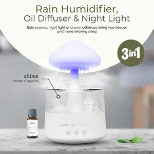 RaindropRelaxation - Mushroom Rain Humidifier – Water Drip & Essential Cloud Oil Diffuser for Home Aroma – Bedroom Night Light & Waterfall Lamp with Calming Rain Sounds to Help Sleeping & Stress