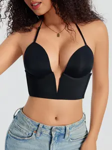 Solid Deep V Neck Backless Halter Bra with Medium Support, Perfect Lift Design for All Day Wear, Comfortable, Seamless, Elegant Fit Underwear, Wireless Seamless Bras, Wirefree Bra