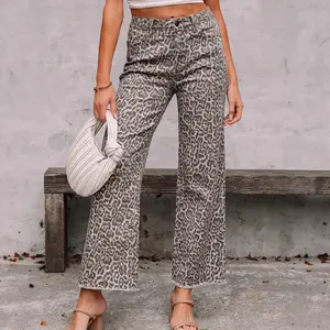 Women's Summer New High-Waist Frayed Leopard Print Straight-Leg Jeans, European & American Trendy Casual Pants