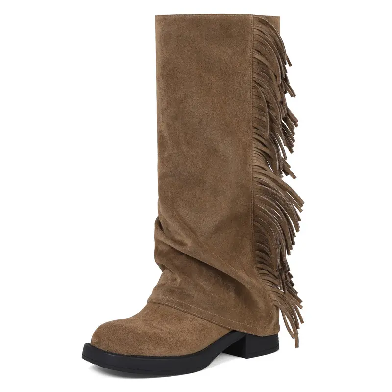 Suede Knee-High Boots for Women with Side Fringe Detail Slouchy Design Block Heel Retro Bohemian Style Footwear Comfortable Casual & Festival Statement Shoes