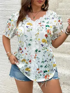 Elegant Plus Size Women's Woven Shirt, Plant Floral Print, V Neck Lace Trim, Bubble Sleeve Design, Casual Fitted Blouse, Lightweight Everyday Top Womenswear