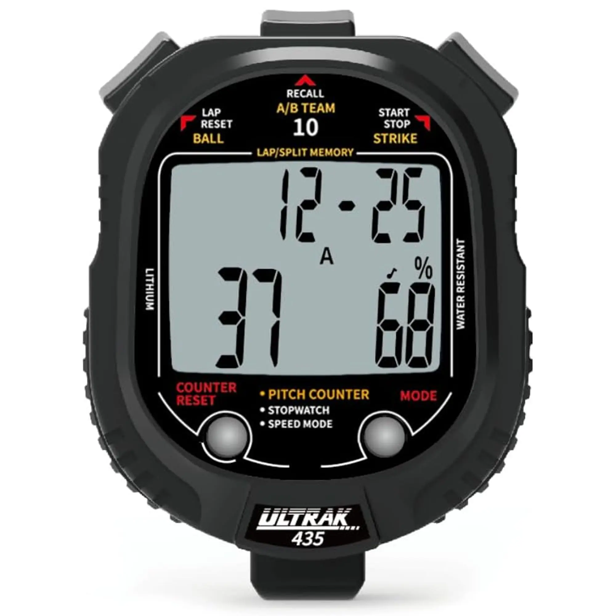 Ultrak 435 Digital Pitch Counter for Baseball Coaches, Black Stopwatch with 10 Memory Timer, Tracks Pitch Speed, Strike Percentage & Stats, Baseball Stats, Digital Display