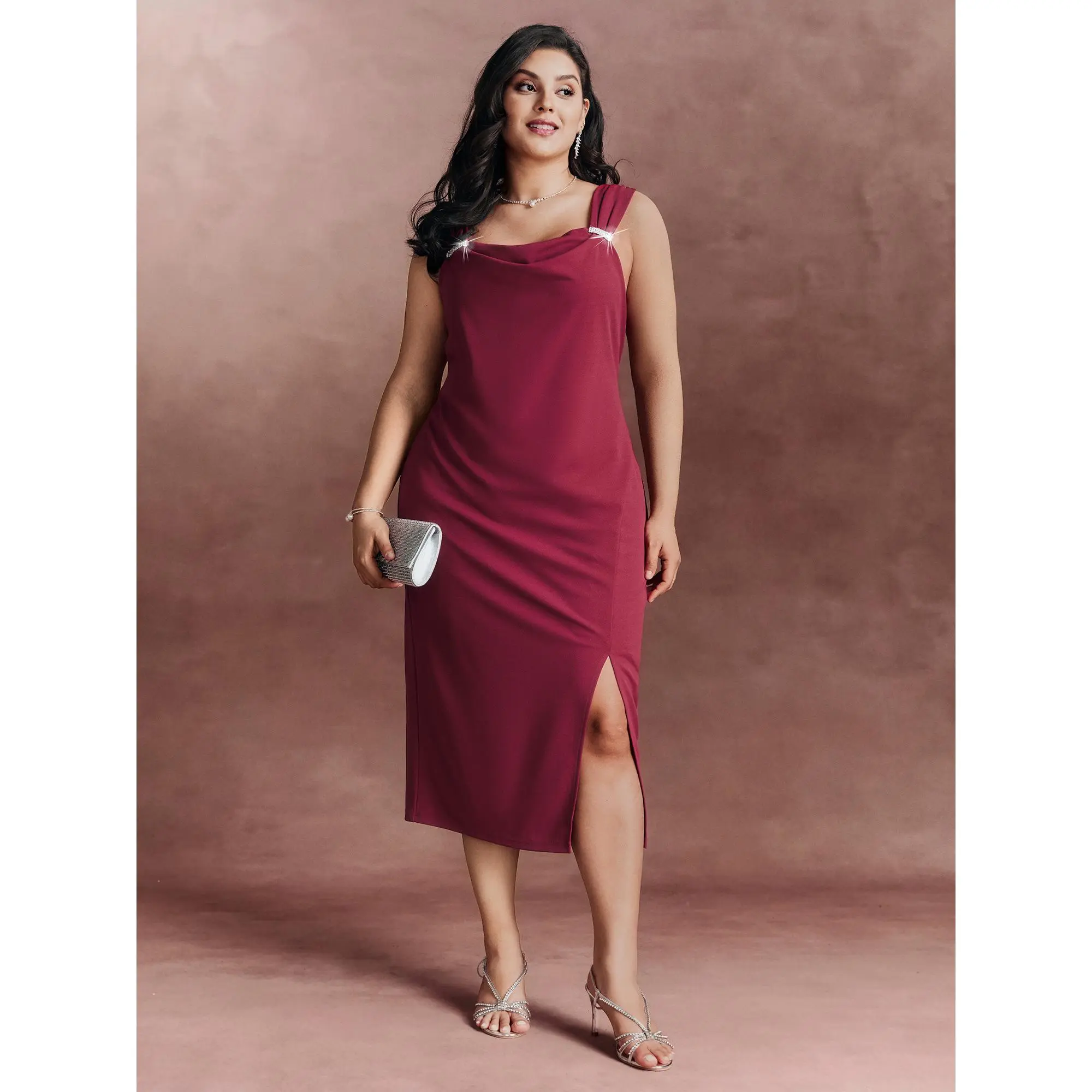 BloomChic Plus Size Bodycon Dress, Comfy Cowl Neck Garment with Side Slit for Party & Cocktail, Breathable Low Iron Fabric, Everyday
