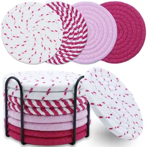 8 count Drink Coasters with Holder, Minimalist Cotton Woven Coaster Set, 4 Colors Absorbent Coaster Protection Protection for Various Cups, Ideal for Coffee Tables and  Decor Tabletop, 4.3 Inches