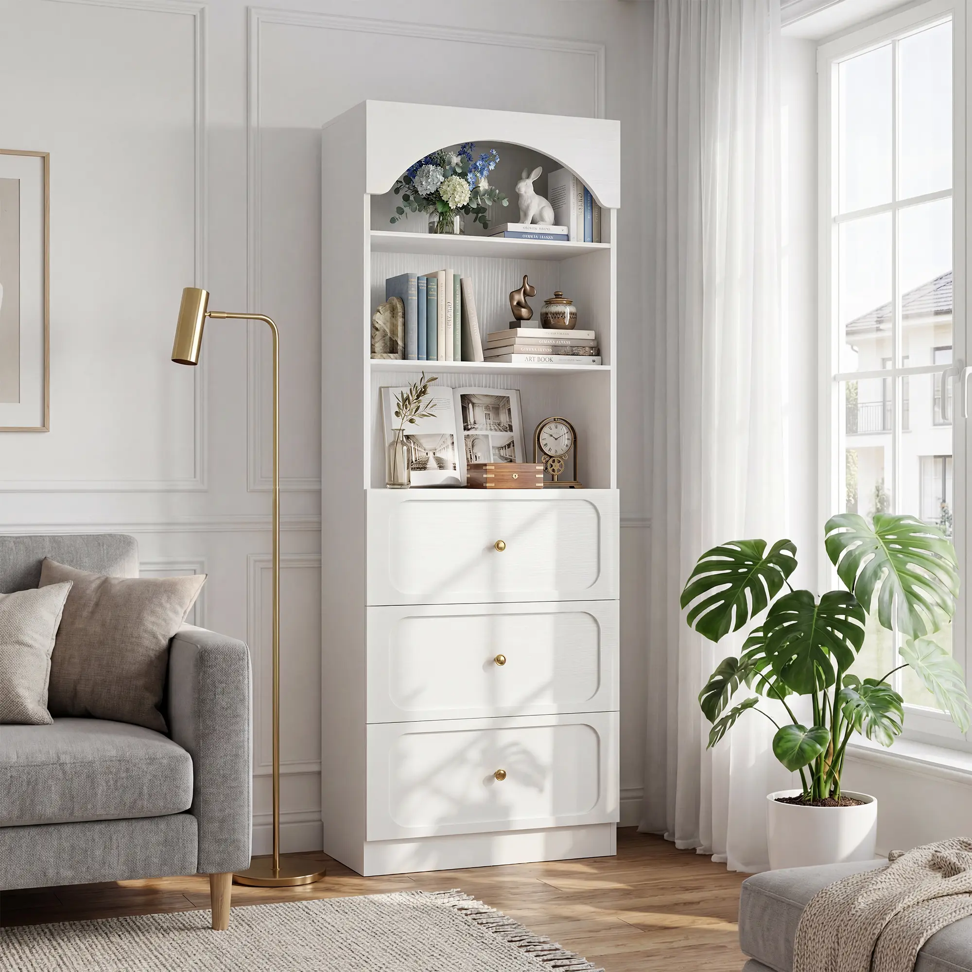 80" Tall Arched Bookcase with 3 Drawers and 3-Tier Open Shelves, Freestanding Wooden Bookshelf Kitchen Pantry Storage Cabinet for Living Room