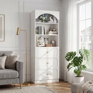 Cyclysio 80" Tall Arched Bookcase with 3 Drawers and 3-Tier Open Shelves, Freestanding Wooden Bookshelf Kitchen Pantry Storage Cabinet for Living Room