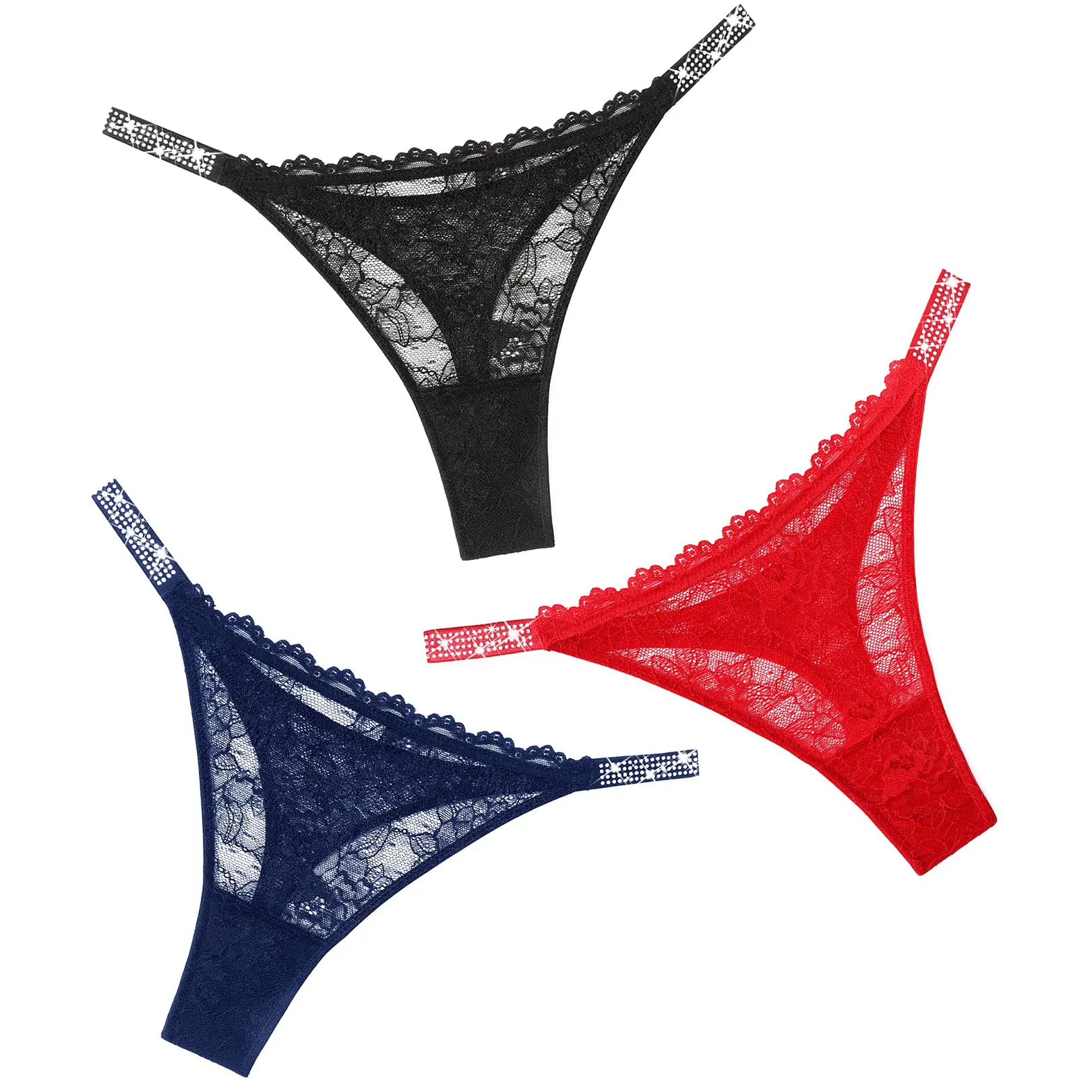 Avidlove Lace Thongs for Women with Rhinestone-Embellished Strap Cheeky Underwear Panties 1-3 Pack